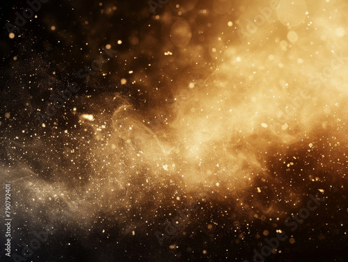 Golden particles floating in a black space creating an abstract effect of space dust. © Jan