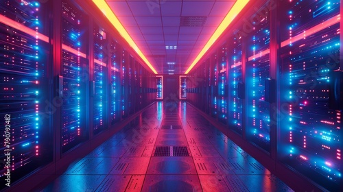 Futuristic server room with glowing LED lights, data center