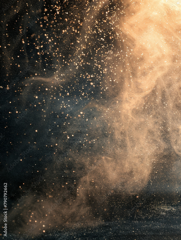 Golden particles floating in a black space creating an abstract effect of space dust. Golden particles floating in a black space creating an abstract effect of space dust.