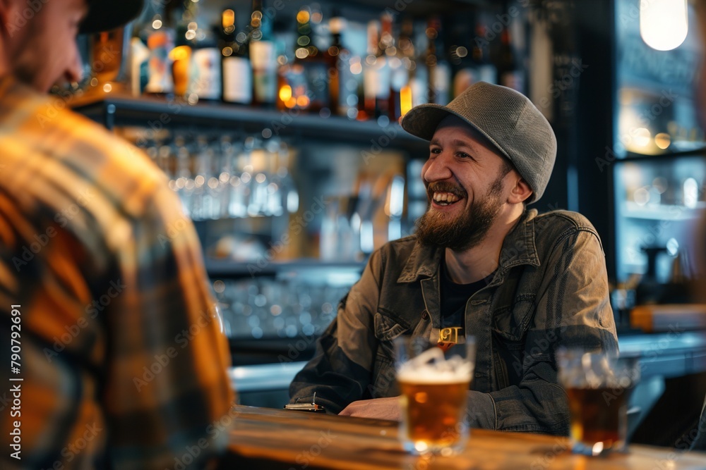 man sitting at a bar with a beer in front of him, talking with other young men. man sitting at a bar with a beer in front of him, talking with other young men.