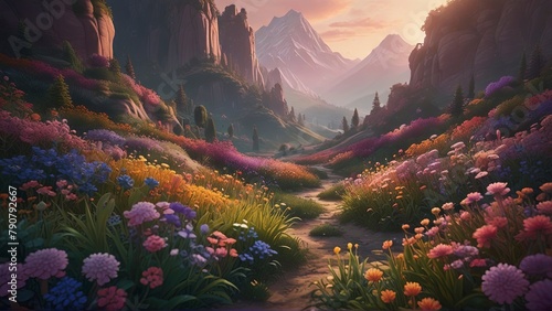A lush, 3D-rendered landscape bursts with stylized flowers and flowing, ribbon-like textures in a soft, pastel-hued dreamscape.