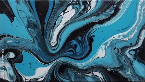 Aquamarine Black Acrylic Pour, Liquid Marble Abstract Surfaces Design, Incorporating Aquamarine Blue.
