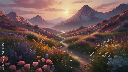 A lush  3D-rendered landscape bursts with stylized flowers and flowing  ribbon-like textures in a soft  pastel-hued dreamscape.