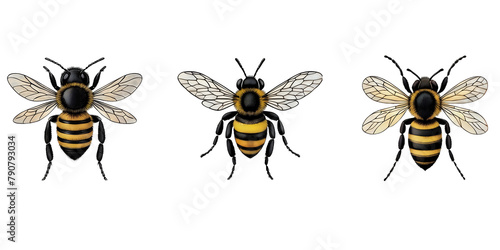 Illustration of a group of bees, isolated on white، cut out 
