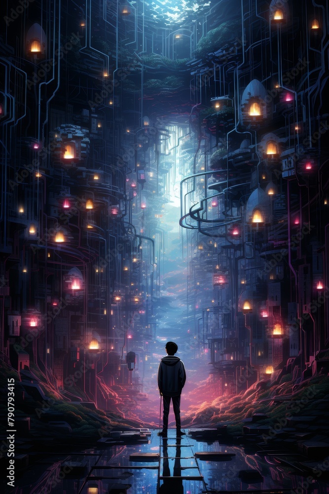 A boy standing in a dark city with glowing lights. A boy standing in a dark city with glowing lights.