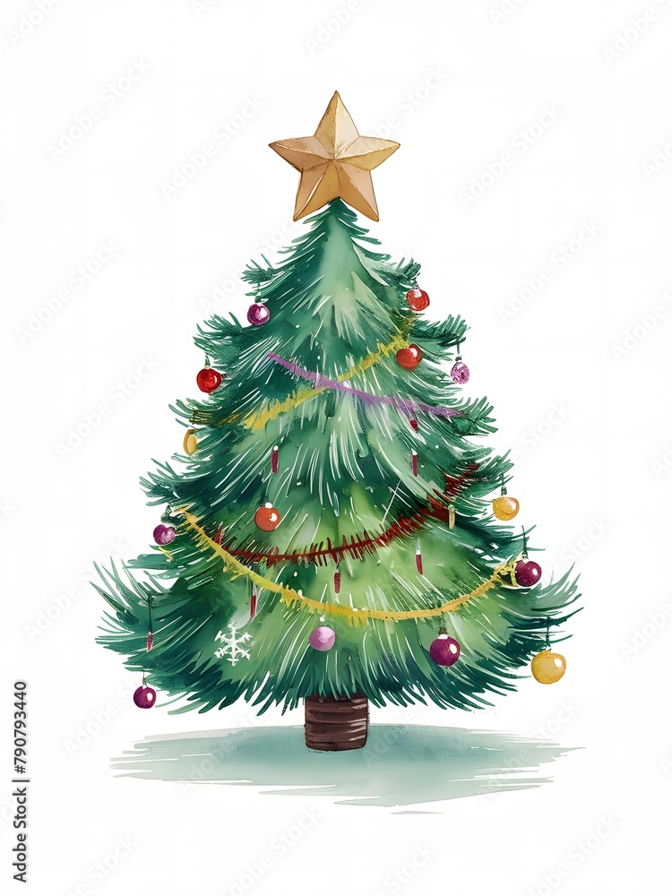 A delightful watercolor illustration featuring a charming, petite Christmas tree adorned with a gold star atop, surrounded by a delightful medley of colorful ornaments