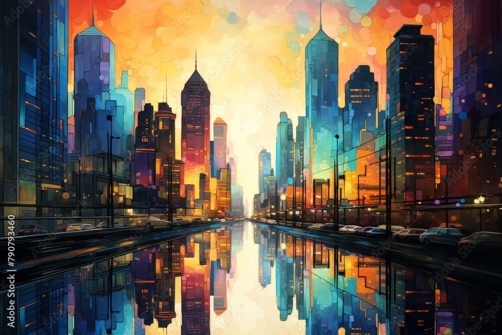 An abstract painting of a cityscape with bright colors. An abstract painting of a cityscape with bright colors.