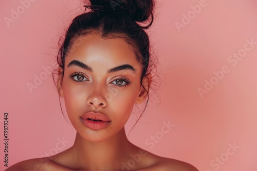 Attractive mixed race woman with hair in a natural bun, showcasing her natural beauty and radiant skin on a pastel pink background.