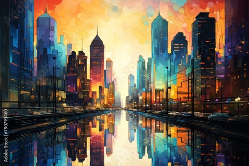 An abstract painting of a cityscape with bright colors.