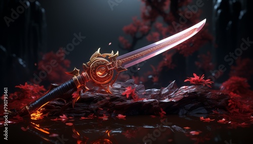 A samurai sword lies on a rock in a forest. The sword is made of metal and has a red handle. The forest is dark and the trees are bare. There is a red glow in the air. photo