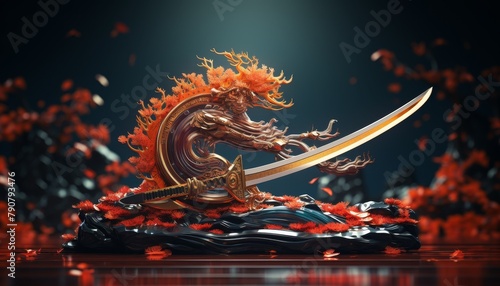 A samurai sword with a fiery orange hilt and a blade made of flowing water.
