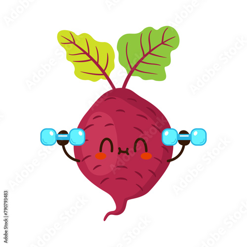 Cute funny beet vegetable is doing gym with dumbbells