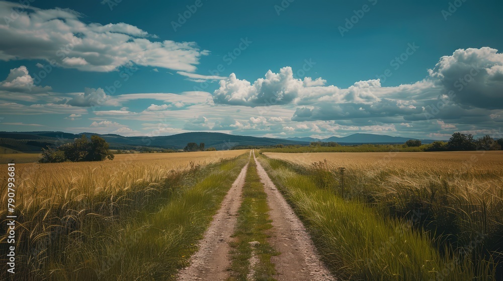 Photo of a beautiful countryside road. AI generated.