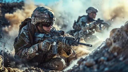 Photo of soldiers at war. AI generated.
