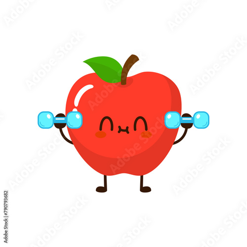 Cute funny apple fruit is doing gym with dumbbells
