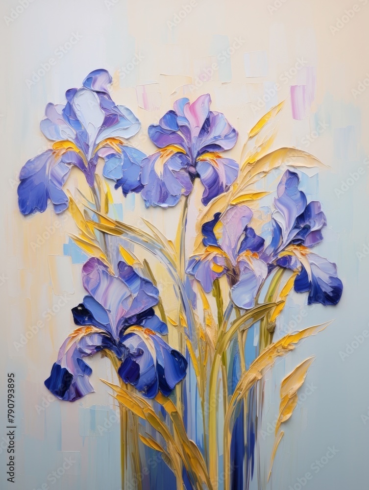 Oil painting of iris flowers bouquet, impasto oil illustration. Flowers ...