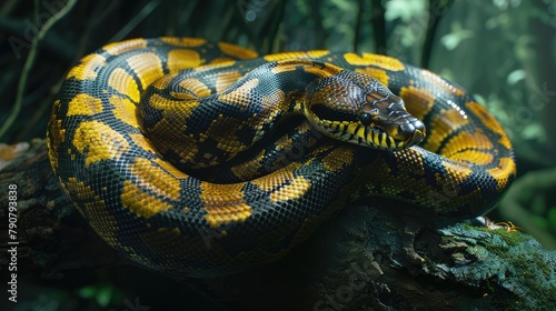 Photo of anaconda in the jungle. AI generated. photo