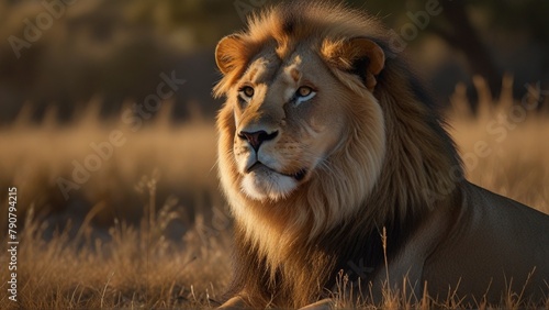 A regal lion basking in the golden savannah grass, its mane glowing in the warm sunlight. This portrait captures the lion's majesty, with every detail meticulously depicted. The image, likely a high-r