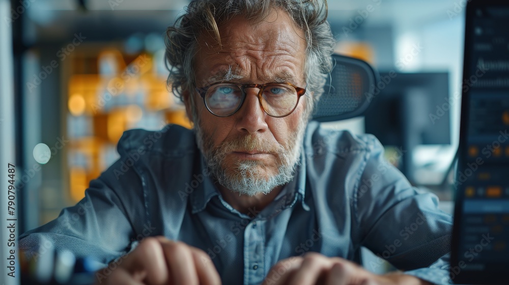 An old man wearing glasses and has a beard working on a computer and looking at the screen with a tired expression. An old man wearing glasses and has a beard working on a computer and looking at the screen with a tired expression.