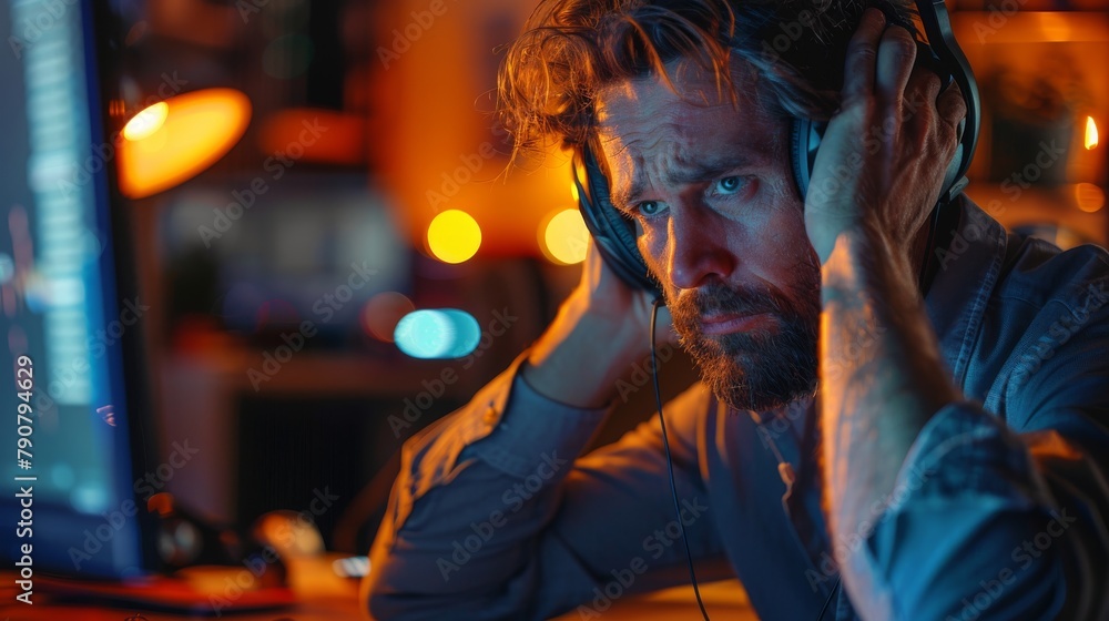 Obraz premium Man with headphones looking at computer screen