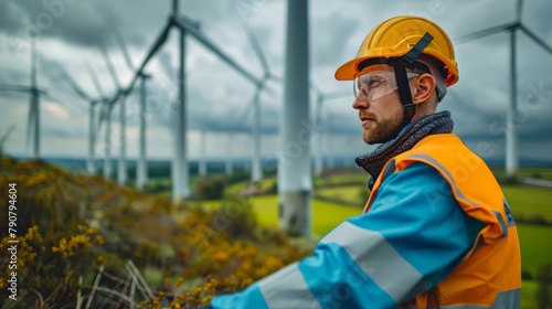 An engineer wearing a hard hat and safety glasses looks out at a wind farm.