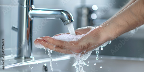 practicing healthy hygiene habits Cropped shot of a woman washing her hands at a sink with gry background photo