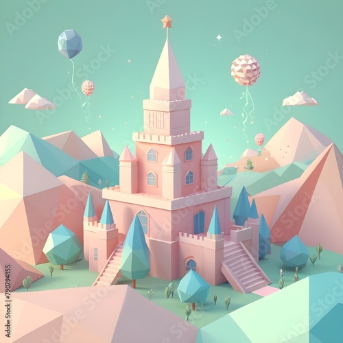 castle on the hill in low poly pastel