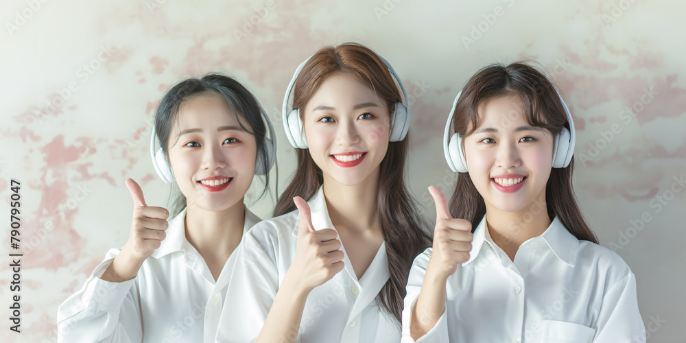 Three smiling women with headphones giving thumbs up in bright studio Three smiling women with headphones giving thumbs up in bright studio