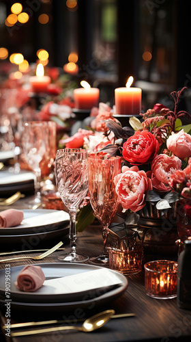 Elegant table setting served and decorated for wedding banquet.