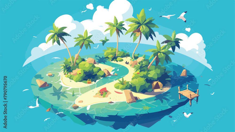 Cartoon tropical island in ocean. Top view exotic i