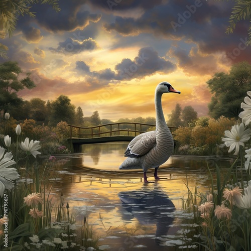 illustration of a goose in a pond surrounded, Generative ai