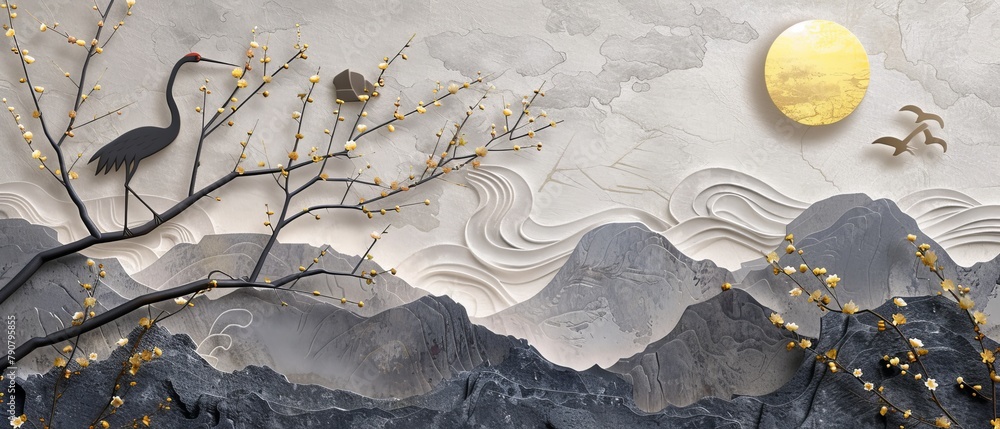 Obraz premium Landscape with gold silhouette crane birds. Chinese wave decorations in vintage style with grey circle watercolor texture. Geometric branch of flower decoration.