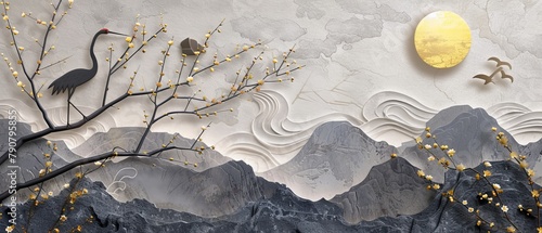 Landscape with gold silhouette crane birds. Chinese wave decorations in vintage style with grey circle watercolor texture. Geometric branch of flower decoration. © Zaleman