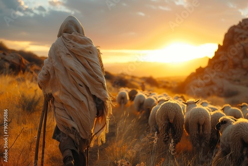 A dramatic image of a shepherd with his sheep in the dwindling daylight, illuminated by the fiery sunset photo