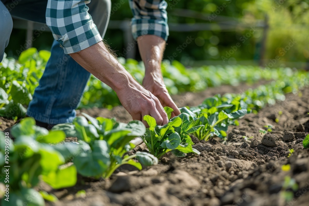 An organic farmer setting up a drip irrigation system in a vegetable plot, demonstrating water conservation techniques, space for text at the bottom