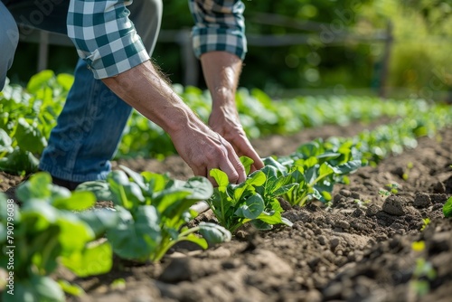 An organic farmer setting up a drip irrigation system in a vegetable plot  demonstrating water conservation techniques  space for text at the bottom