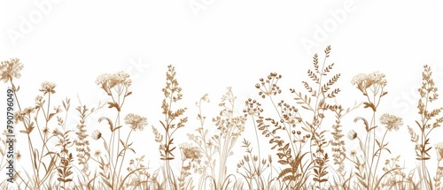 Modern illustration of a brown meadow of flowers and herbs isolated on a white background, suitable for design elements and wedding moderns. Hand drawn illustration.