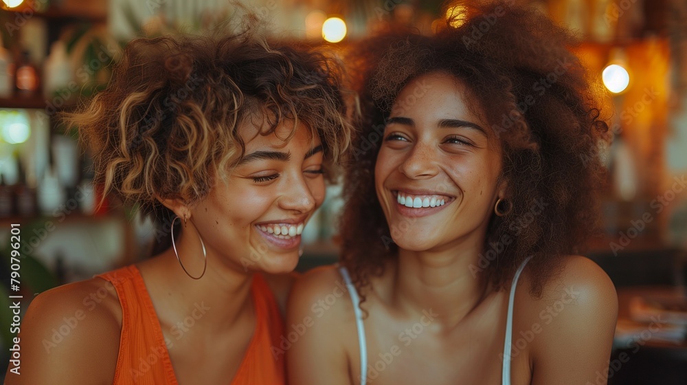 Happy hairdresser and client sharing a laugh in cozy salon setting, generative ai Happy hairdresser and client sharing a laugh in cozy salon setting, generative ai