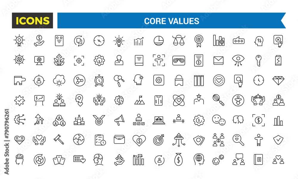 Core Values Icon Set, Full Vector Outline Style Icons, Commitment, Environmentalism Icons, Personal Growth, Innovation, Family, Problem Solving, Vector Illustration