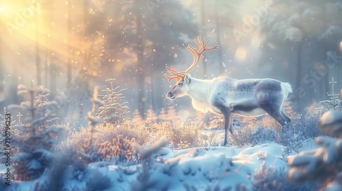 Magical Winter Forest with Reindeer and Sunlight Streaming Through Pines