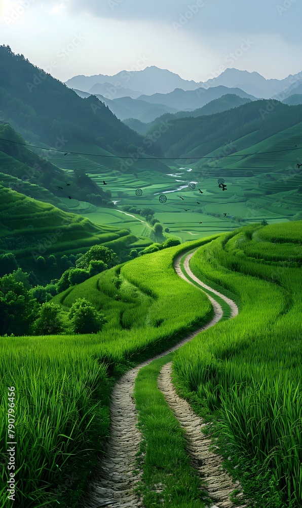 Chinese fields, farmlands, rice, close-ups of rice,  distance, rivers, swallows, photo style, landscape