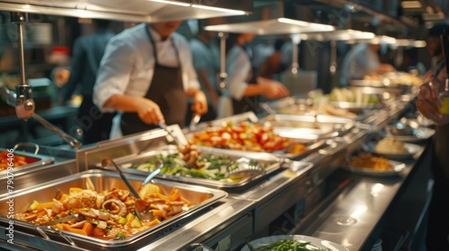 Customers selecting dishes from a buffet line filled with fresh ingredients and natural foods, including salads, garnishes. People choose different meals at all inclusive restaurant. Self service cafe