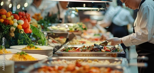 Customers selecting dishes from a buffet line filled with fresh ingredients and natural foods, including salads, garnishes. People choose different meals at all inclusive restaurant. Self service cafe photo