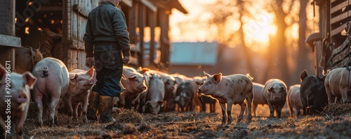 A farmer in a pigsty, feeding pigs with organic feed, showcasing sustainable farming practices, ideal for text on the left