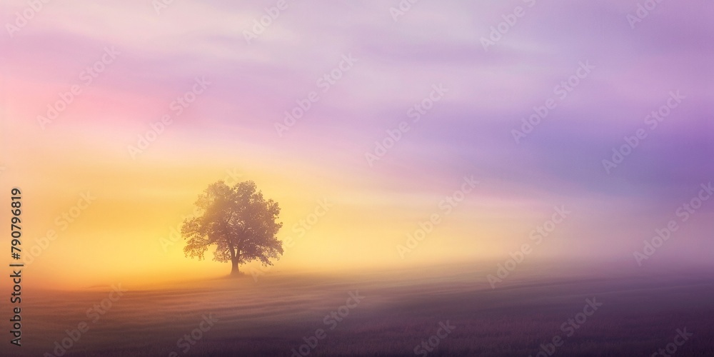 Ethereal Dawn with Lone Tree Standing in a Dreamlike Misty Field Ethereal Dawn with Lone Tree Standing in a Dreamlike Misty Field