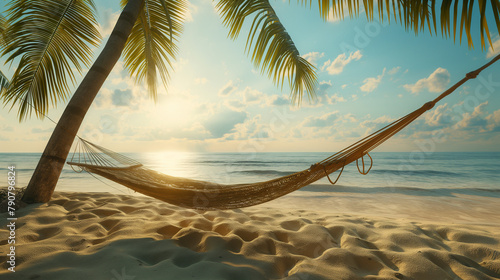 Hammock tied between palm trees on a sunny beach photo