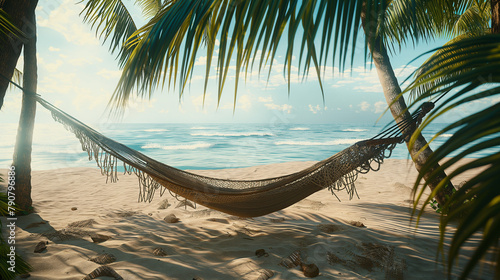 Secluded hammock by the sea on a clear sunny day