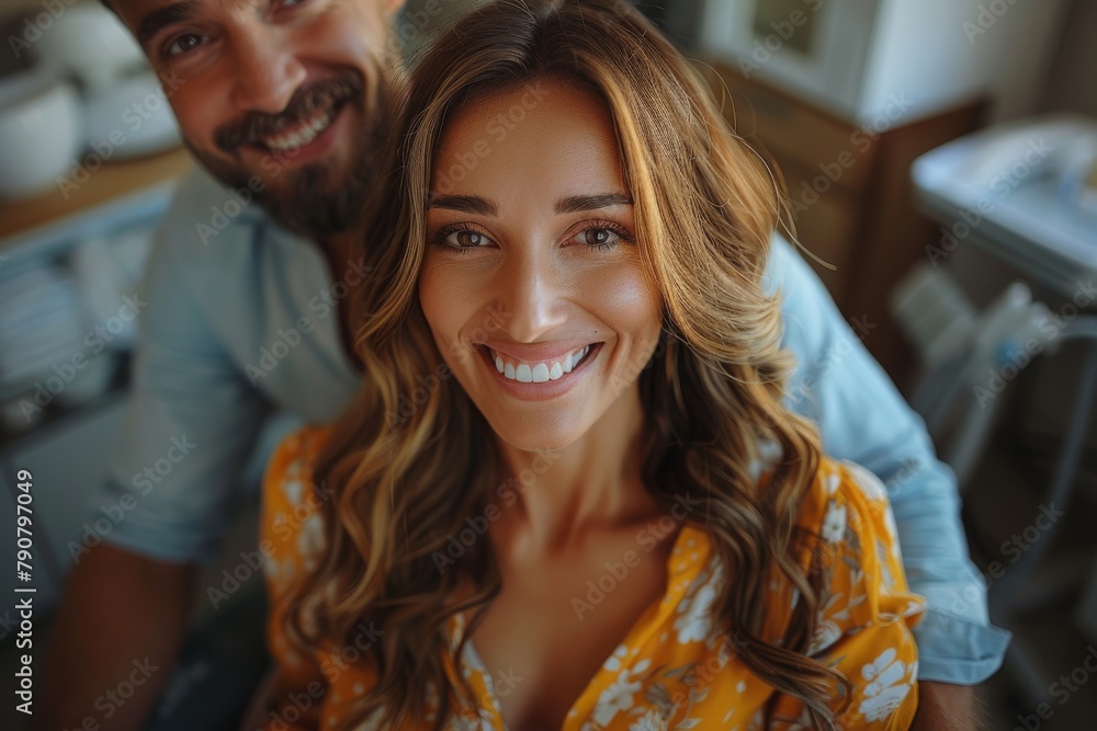 An overhead shot of an ecstatic woman with a man leaning over, both smiling brightly, taking a selfie
