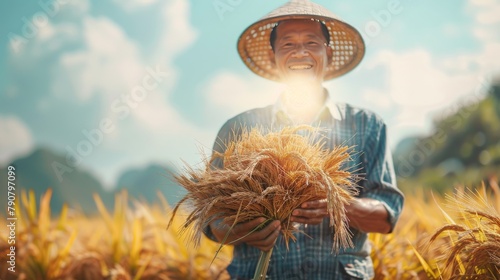 Conceptualize a scene with a rice farmer celebrating a successful harvest with the local community, stark and isolated, with minimal background and space for educational text photo