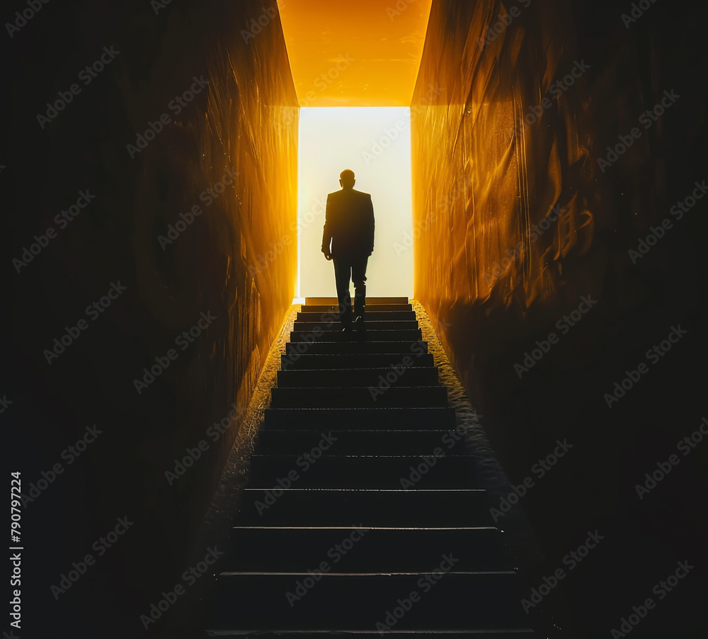 Businessman walking up the stairs towards success concept with light at end of tunnel
